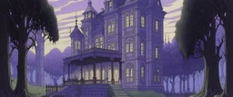 A light purple haunted mansion filled with spirits painted by John Brack