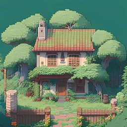 A studio ghibli house with garden, pixelart
