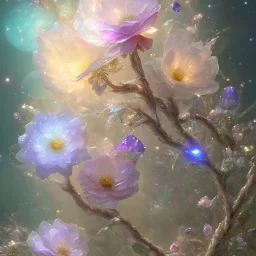 one big crystal subtle flower in a galactic ambiance with a very little beautiful fairy, transparent petals, delicate colors, in the foreground, full of details, smooth, bright sunshine，soft light atmosphere, light effect，vaporwave colorful, concept art, smooth, extremely sharp detail, finely tuned detail, ultra high definition, 8 k, unreal engine 5, ultra sharp focus