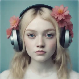 Futuristic Polaroid head shot of dakota fanning,she has freckles on her face, hair adorned with strange flowers, red cheeks and nose, headphone