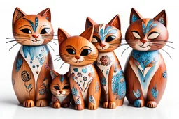 family Cute happy cats hand painted Figures in wood lively over white background