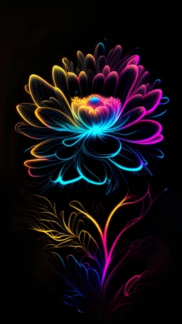 Stunning illustration of flower, glowing in the dark with sweetcolor neon light, centered on a black background, in the style of pop surrealist artist, fine art, illustration