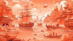 A light rosy orange colored bay with pirate ships and crystals designed in Mayan architecture