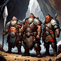 The sturdy Dwarves in front of the cave, with their characteristic proud, stout physiques, wear ornate, battle-worn armor adorned with bold, geometric patterns, and wield mighty axes, hammers, and swords. Their facial features are strong, with prominent beards, bushy eyebrows, and piercing, gemstone-like eyes. We Were Born Ready