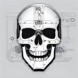 FLAT VECTOR LAYERED IMAGE OF CYBERNETIC SKULL PARTS IN A SCHEMATIC, BLACK AND WHITE, AUTOCAD, FINE LINE BLUEPRINT,