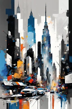 abstract painting: city skyline buildings, gray-black-white-blue colors New York. DEREK GORES, Willem Haenraets artistic style, datailed -high resolution, Afremov, colorful in Kal Gajoum style