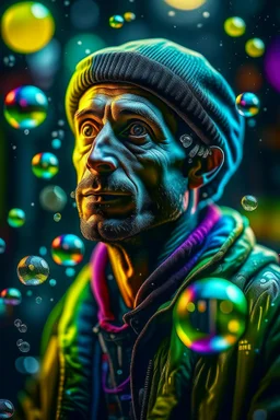 hyper real oil painting portrait of jugglar in slimy bubbles and gelatinous background, zeiss prime lens, bokeh like f/0.8, tilt-shift lens 8k, high detail, smooth render, down-light, unreal engine, prize winning