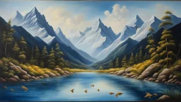 A realistic oil painting of majestic mountains with blue slopes and intricate details, capturing the essence of natural beauty., The mountains with blue slopes laugh and below in the water the fish cry and all the water is their tears