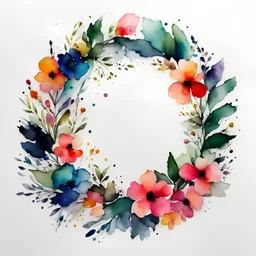 watercolor and alcohol ink, flower round wreath, white background, minimal