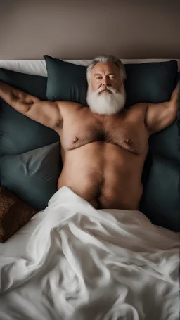 photography of a sicilian big chubby man 65 years old, white beard, very hairy, shirtless, manly chest, lying down in the bed relaxing, aerial view, big shoulders, manly shoulders, dim lights, side light, white sheets, photorealistic, photographic, 32k