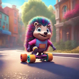 A porcupine on individual 4 wheels roller skates rollerblading down a street full of colors, Pixar, Disney, concept art, 3d digital art, Maya 3D, ZBrush Central 3D shading, bright colored background, radial gradient background, cinematic, Reimagined by industrial light and magic, 4k resolution post processing
