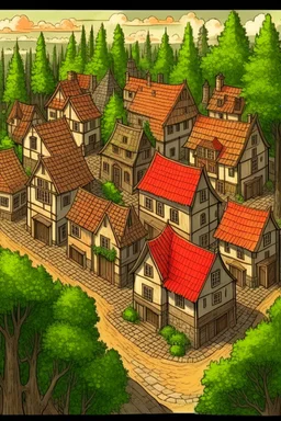 Handdrawn, medieval city, merchant, village, forest