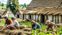 young and old people working in the field near medieval barns