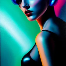 portrait oil on canvas, beautiful punk busty female Cyborg, looking to viewer, sad green eyes, post-apocalyptic in a cyberpunk city,minimal skintight suit, blade runner, comic book cover, mystical colors, CYAN, neon, insanely detailed,realistic,intrincate detail, 16k resolution, masterpiece, Adam hughes