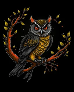 Spooky Night Owl perched on a tree branch tattoo design, traditional tattoo style, t-shirt design, fantasy art, digital painting, clean dark background, 8K