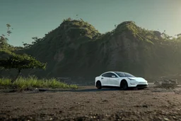 A Tesla 'Model Y' is going at a high speed, on the 'Jurassic Park' island. (CINEMATIC, WIDE ANGLE LENS, PHOTO REAL)