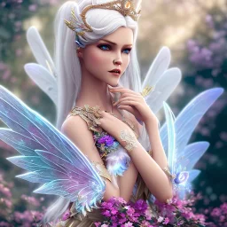 Fantasy cute fairy with wings, smiling, make up, long blond platinum hair, blue eyes, crown, beautiful dress, flowers in background, HQ, unreal engine