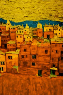 A yellow short city with battery shaped buildings painted by Vincent van Gogh