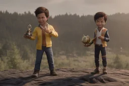 Boy character with creative trophy with his hand like winner