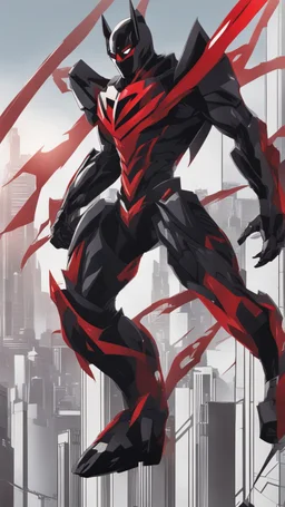 A close picture to Mix between transformers and batman and symbiote venom in solo leveling shadow art style with red details detailsis in fantasy world