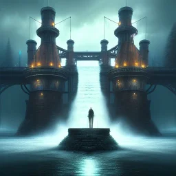 fantasy art, book cover, big mad wizard in front of the ebony stairs, a bridge or dam ,icy water