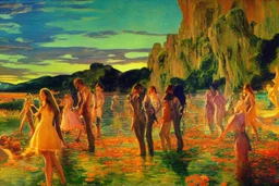 Beautiful epic sunset, logan's run 1976 movie influence, cosmic, people, rocks, holiday influence, river, flowers, very epic and philosophic, walter leistikow, alfred munnings, and hans am ende impressionism paintings