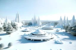 wide shot of non-white futuristic pop-up base without floor on white planet with weird non-white forests