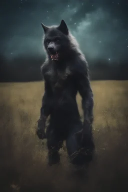 a werewolf in a field, 32k, UHD, Professional Photo -- Botany - Starry - Retro Pop - Dark Fantasy - Horror - Festive - Realistic - 32k, UHD, professional quality, 8 x 10 digital photograph