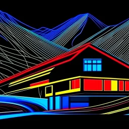 Ilustración minimalista de una casa campestre estilo Zaha Hadid en las montañas arte nouveau neón lineal color negro blanco amarillo rojo y azul calidad ultra fondo ciudad vista aérea