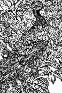 peacock, no cooler , black and white, line art, adult book pages