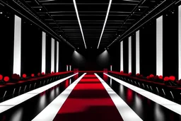 wedding stage，black and white and red，Minimalism design，fashion runway style，10m Width 4m long stage， 2 m Width 10m long red runway，the runway connect the stage， studio lighting，8m width 6 high stage background screen with BS white signature，Spotlights shine on the catwalk ，4k，movie set，