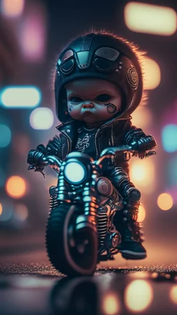 A cute Kawaii tiny hyper realistic baby terminator riding mini harley davidson, wearing bikers clothes with freestyle action, night of cyberpunk city background. wide angle full body, 8k, Cinematography, photorealistic,epic composition Unreal Engine,Cinematic, Color Grading, Portrait Photography,Ultra-Wide Angle, Depth of Field, hyper detailed