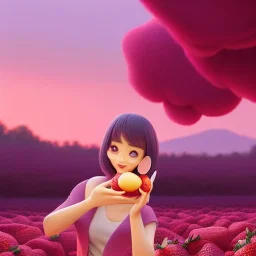 pixar style, volumetric pink sky environment and background, volumetric lighting, dramatic lighting, realistic painting of an strawberry and a beautiful woman eating marmelade, looking friendly, detailed digital painting, extreme dense and fine fur, anime, ornate, colour-washed colors, elegant, small minutiae, tiny features, particulars, centered, smooth, sharp focus, renderman gofur render, 8k, uhd, detailed eyes, realistic shaded volumetric lighting, caustics, backlight