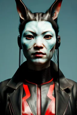 Medium Close Up Portrait, Front image. cyberpunk, rabbit mask, asian woman, leather hair. Latex suit. white, red, color. Yakuza style. Color background, photo studio. Avatar image, highly detailed, concept art, smooth, unreal engine 5, ray tracing, RTX, lumen lighting, ultra detail, volumetric lighting, 3d, finely drawn, high definition, high resolution.