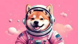a cute happy shiba inu astronaut on a pink background, digital art