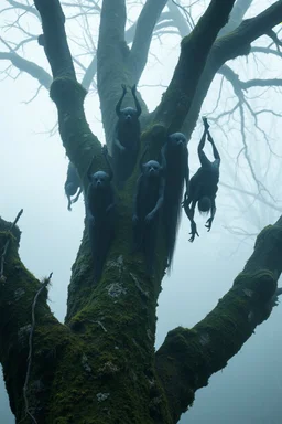 A group of black dark creatures hanging upside down from a tree without leaves . The tree skin is covered in moss and lichen, allowing it to blend seamlessly into its surroundings. Dark cave Spirits feed on the energy of trees and can create thick fog to confuse their victims.