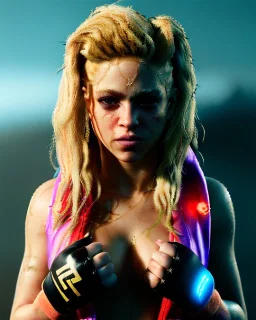 portrait, Shakira, blonde artist, angry, Realistic image, MMA robe, hoodie, mma gloves, band aid, loose long hair, eyes make up, face thunder gold make up, circle iris. moisture sweat, fog, Neon colors, leds. Dark background, photo studio, concept art, smooth, unreal engine 5, god lights, ray tracing, RTX, lumen lighting, ultra detail, volumetric lighting, 3d, finely drawn, high definition, 4k.