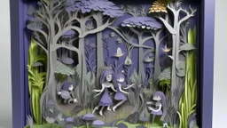 A purplish gray enchanted forest with wooden fairies designed in Bayeux tapestry painted by Giovanni Battista Sassi