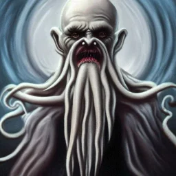 Cthulhu with white skin and a beard made of tentacles as a Russian Orthodox nosferatu vampire with yellow eyes and vampire fangs