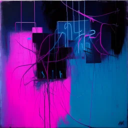 Minimal abstract oil painting of bright pink and blue with random words. hanging wires illuminated at night. In the style of Justin Mortimer and Phil Hale and Ashley Wood