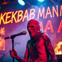 a very thin swedish man, with a skimask with only a hole for the mouth (no eyes), he is called "KEBAB MAN" performing at death metal club, his name is "KEBAB MAN" kebab rolls On stage, kebab Neon lights and smog, and "KEBAB MAN" big sign on the wall, kebab tribal tattooes, spinning kebab machines, flames and smoke, chaos, he singing with mic,