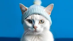 White cat wearing beanie hat isolated on blue background