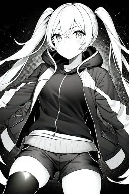 blonde girl with pigtails dressed in a jacket and shorts makes her way in the dark with a flashlight, greyscale