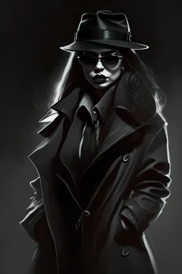 Gangster girl in dark hat, glasses, long coat, full figure.