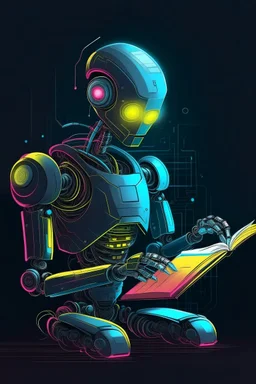 generate a full color front cover simplistic illustration representation of Ai metalic bot writing a book