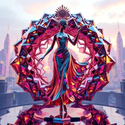 very complex structure ,pretty viberating color environment 3d metalic and crystal recursive animating beveled geometric base very complex structure future world evolving background and goddess realistic modern lady in pretty cleric dress comes out dancing gracefully , viberating color moving very in modern city escap environment while camera tracking it.
