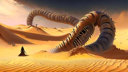 In the desert in the dunes a large sandworm full screen, concept art