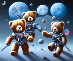 little boy and big teddy bears on moon. oil on canvas