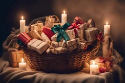 lots of presents in a carved basket on a soft sling, by candlelight
