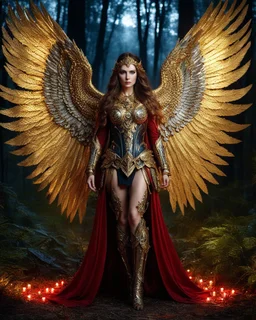 Photography full body A Length image of very beautiful Super model Russian Woman,long hair red as an Beautiful Archangel with wings made from metal craft,dressing luxurious golden and black color armor filigree combination fully crystals diamonds stone,in magical night forest full of lamps Background